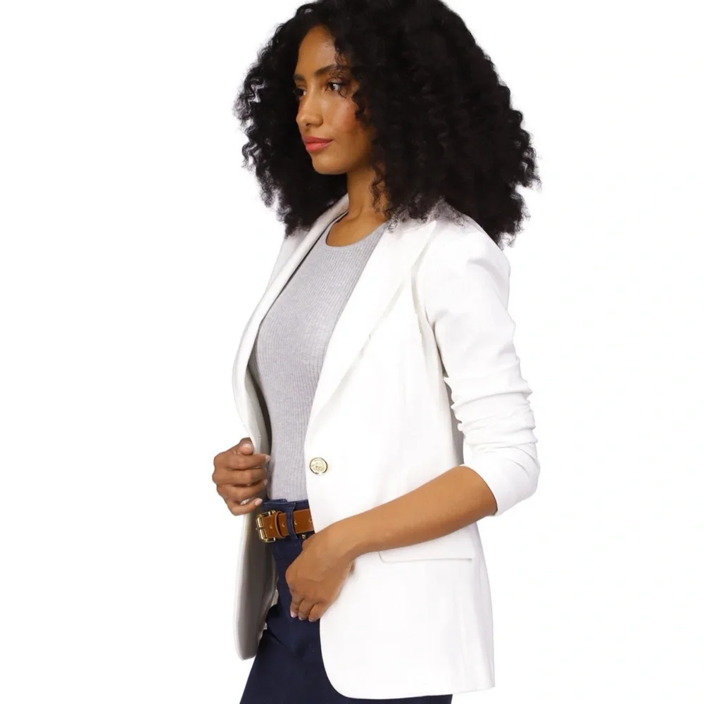 MICHAEL Kors White Ponte Knit Notch Lapel Long Sleeve Button Front Blazer - Picture 4 of 12